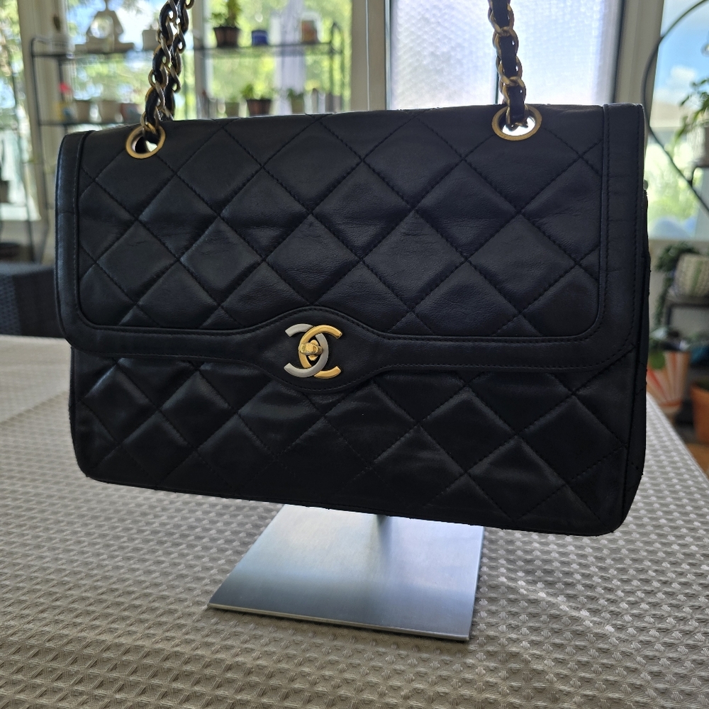 CHANEL Chain Shoulder Matelasse Paris Limited Edition Lambskin Black Double Flap